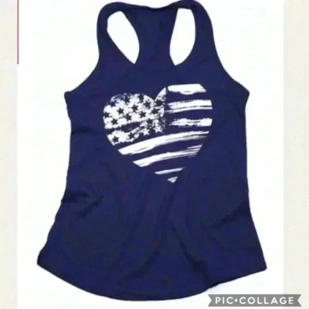 NEW Navy blue star stripped heart O-neck tank top